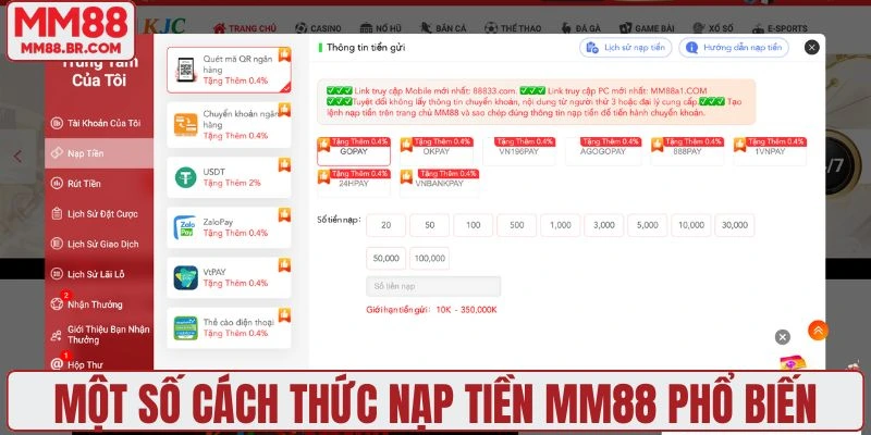 Một số cách thức nạp tiền MM88 phổ biến